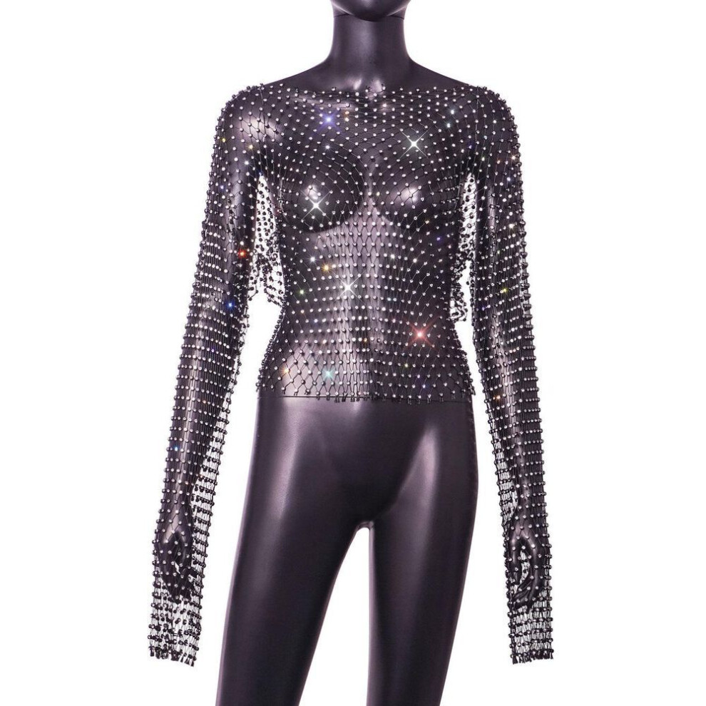 Fashion 2025 22 New Sexy Slim-fit Short Black Hollow Fishing Net Rhinestone Top Jacket Long Sleeve 2