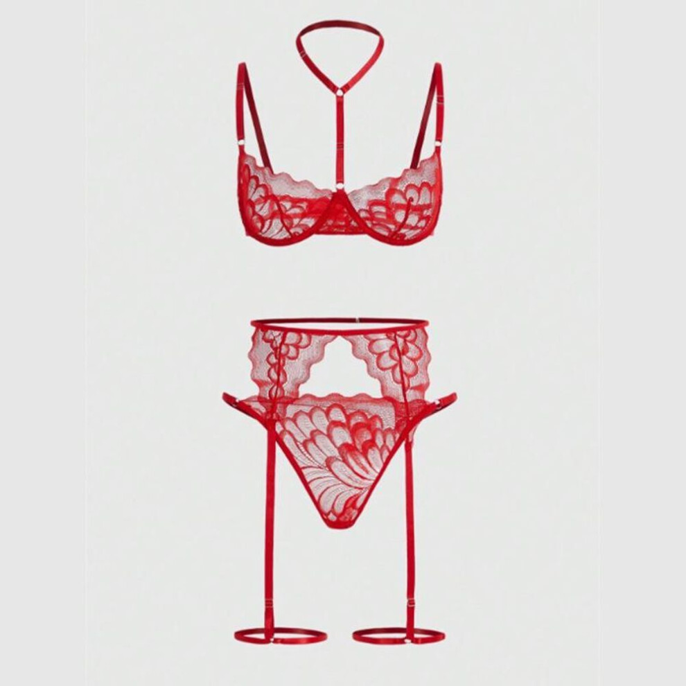 (Small, red) "women's Lace Crotchless Lingerie Set With Garter Belt - European & American Style