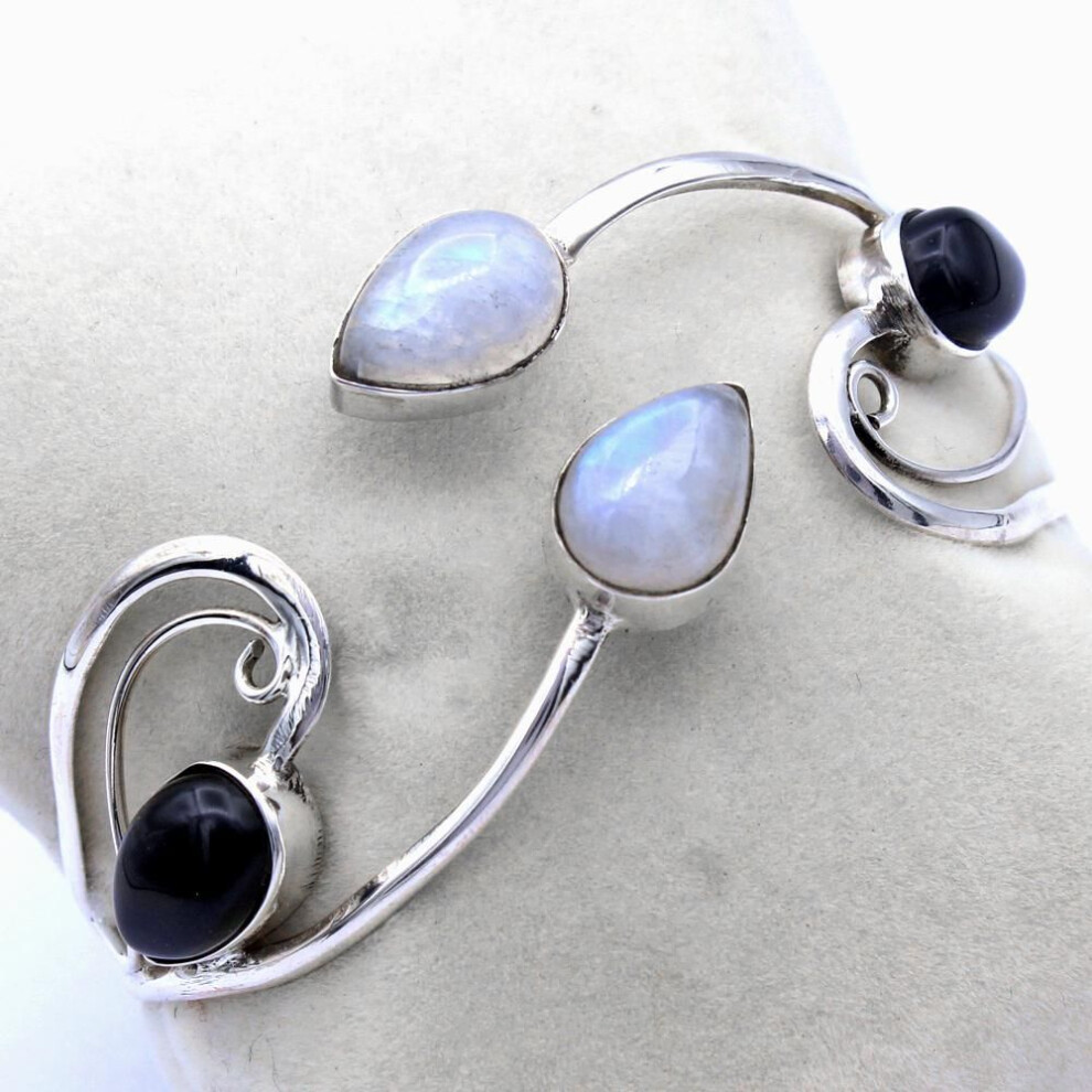 Moonstone Black Onyx Silver Bracelet, Statement Jewelry, Women Bangle, Gemstone Jewelry, Cuff Bracelet