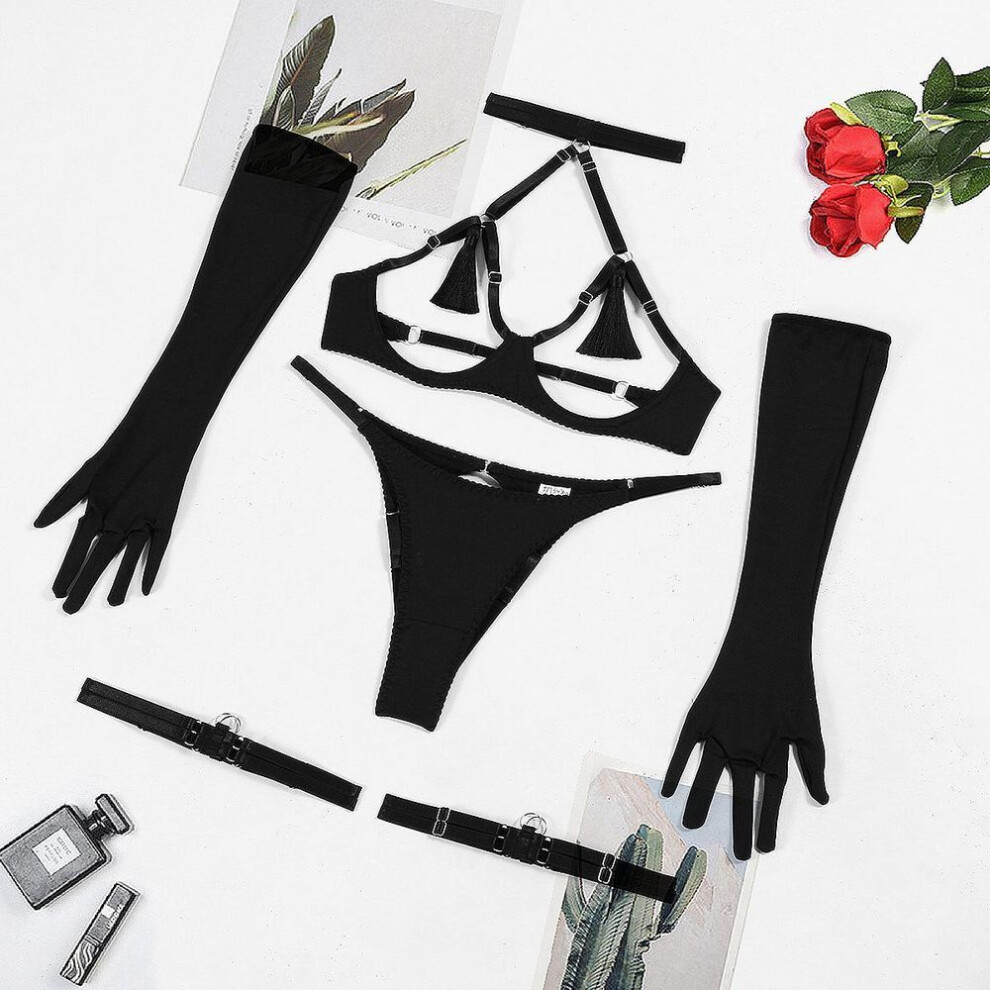 (Large, black) Sexy Lingerie: Hollow Out Tassel Temptation Open Crotch Underwear