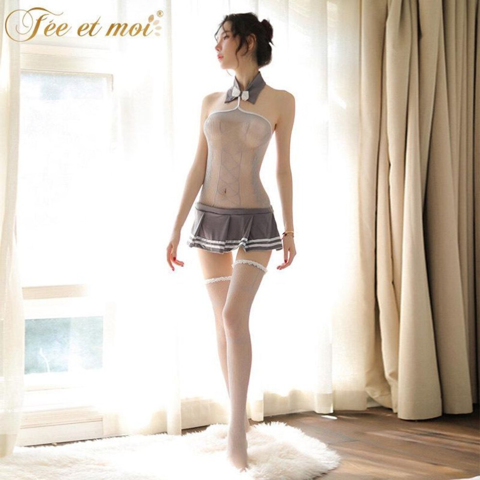 Sailor Mesh Halter Neck Backless Pleated Skirt Suit for Women
