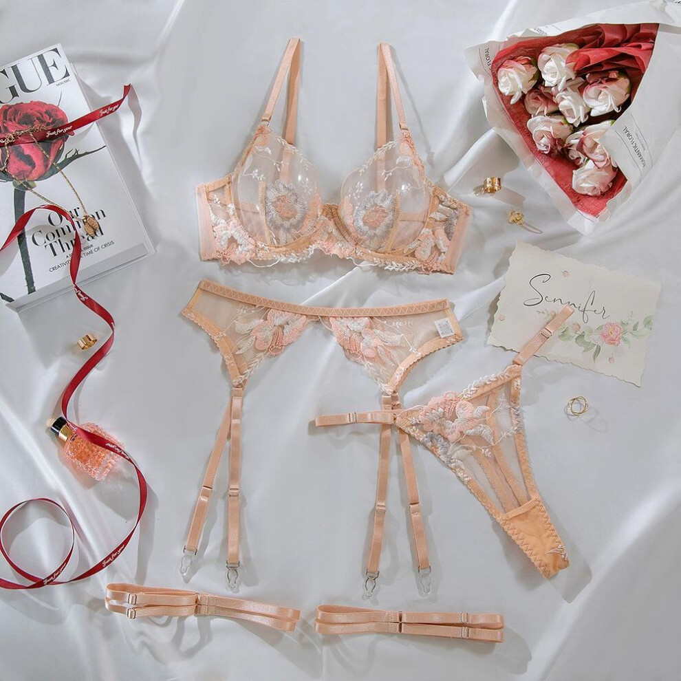 (L, nude) "sexy European & American Mesh Lingerie Set: Ultra-thin, Steel Ring Top Support With Floral Embroidery & Garters