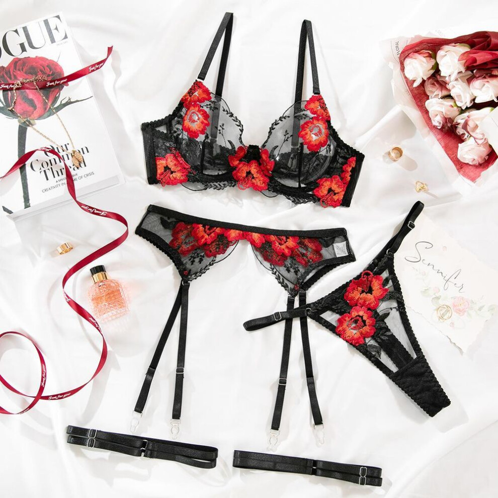 (M, black) "Sexy European & American Mesh Lingerie Set: Ultra-Thin, Steel Ring Top Support with Floral Embroidery & Garters