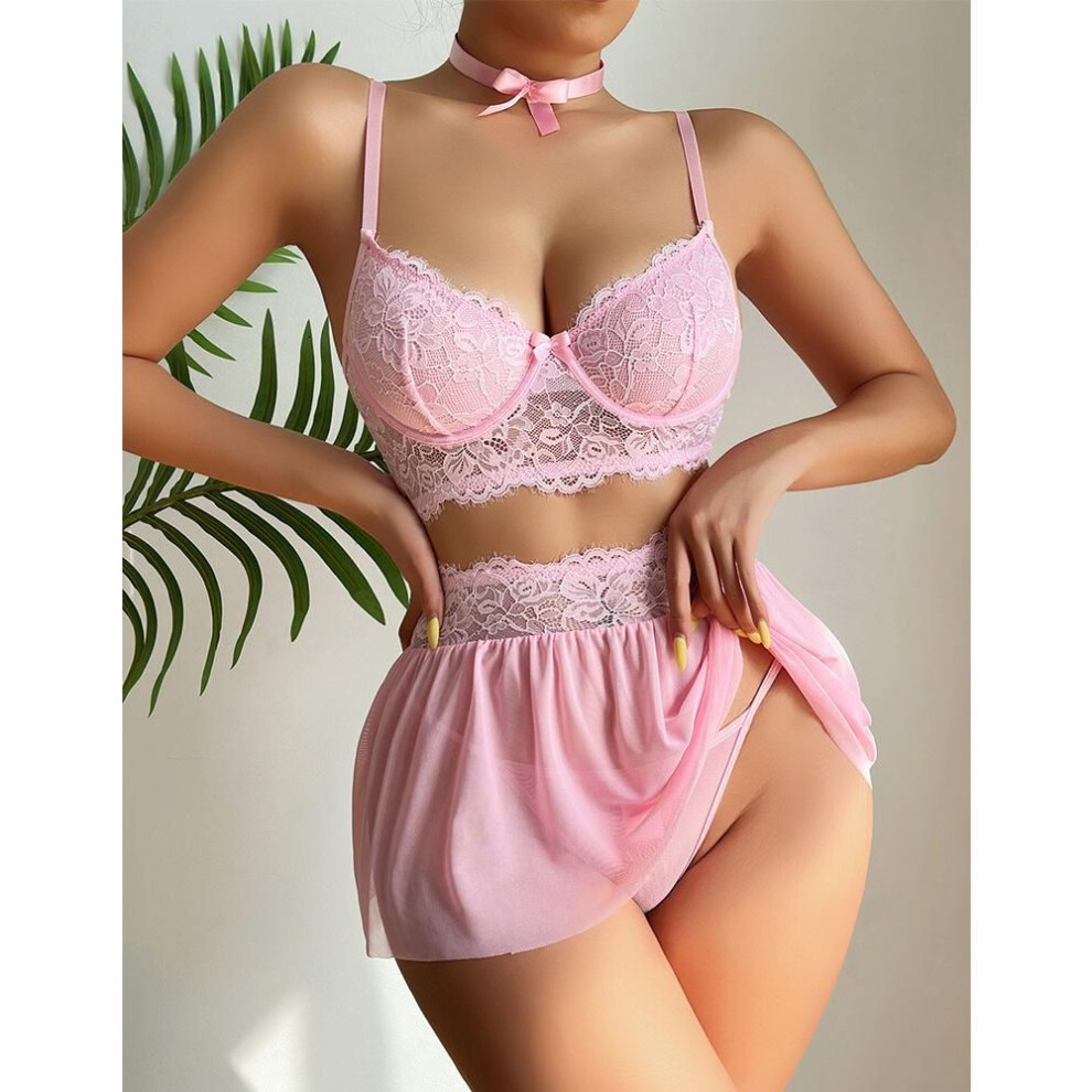 (XL, pink) Sexy lingerie lace gather bra short skirt thong three-piece set Valentine's Day