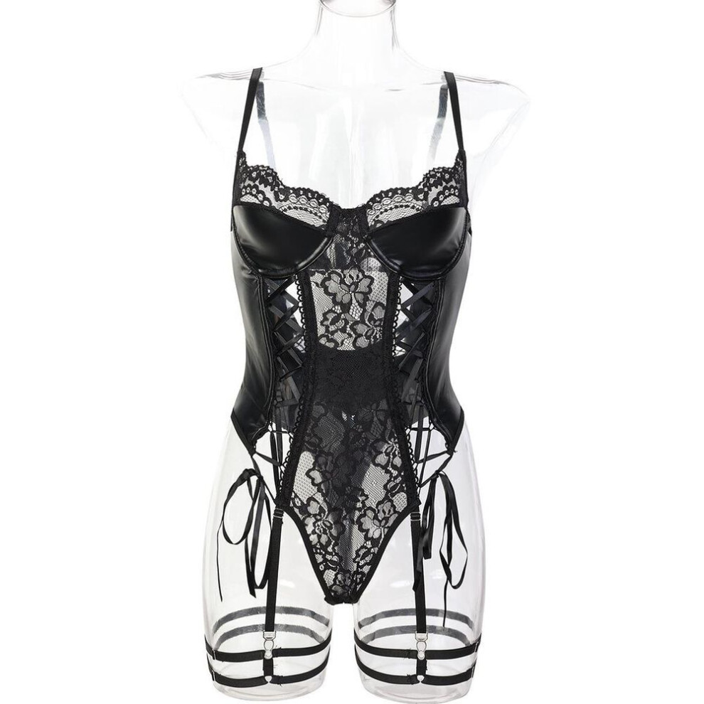 (black, S) New explosion black lace strap bow PU leather sexy tights women 2