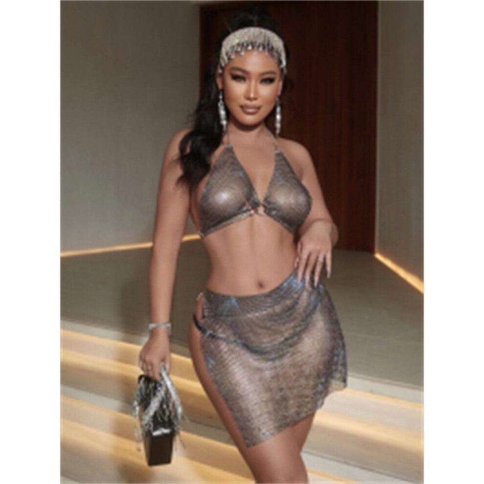 (black, S) Fashion 2025 22 Sexy Flash Diamond Strap Splicing Women's Skirt Neck Set 1