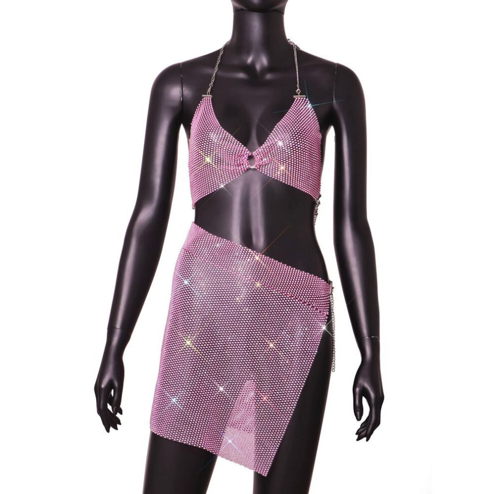(pink, M) Fashion 2025 22 Sexy Flash Diamond Strap Splicing Women's Skirt Neck Set 1