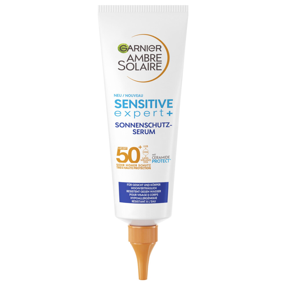 Ambre Solaire Sensitive Expert+ Sun Protection Serum with SPF50+ for Sensitive Skin, Waterproof Sun Cream for Face and Body, Residue-Free, Non-Greasy