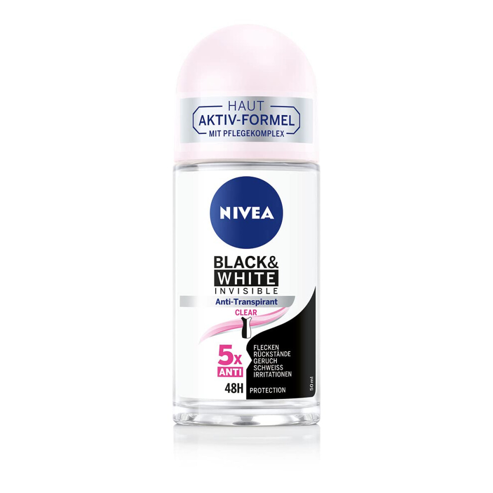 Nivea Black & White Invisible Clear Roll-On Deodorant (50 Ml), Antiperspirant With Anti-Stain Formula With 48H Protection And Care Complex White,Black