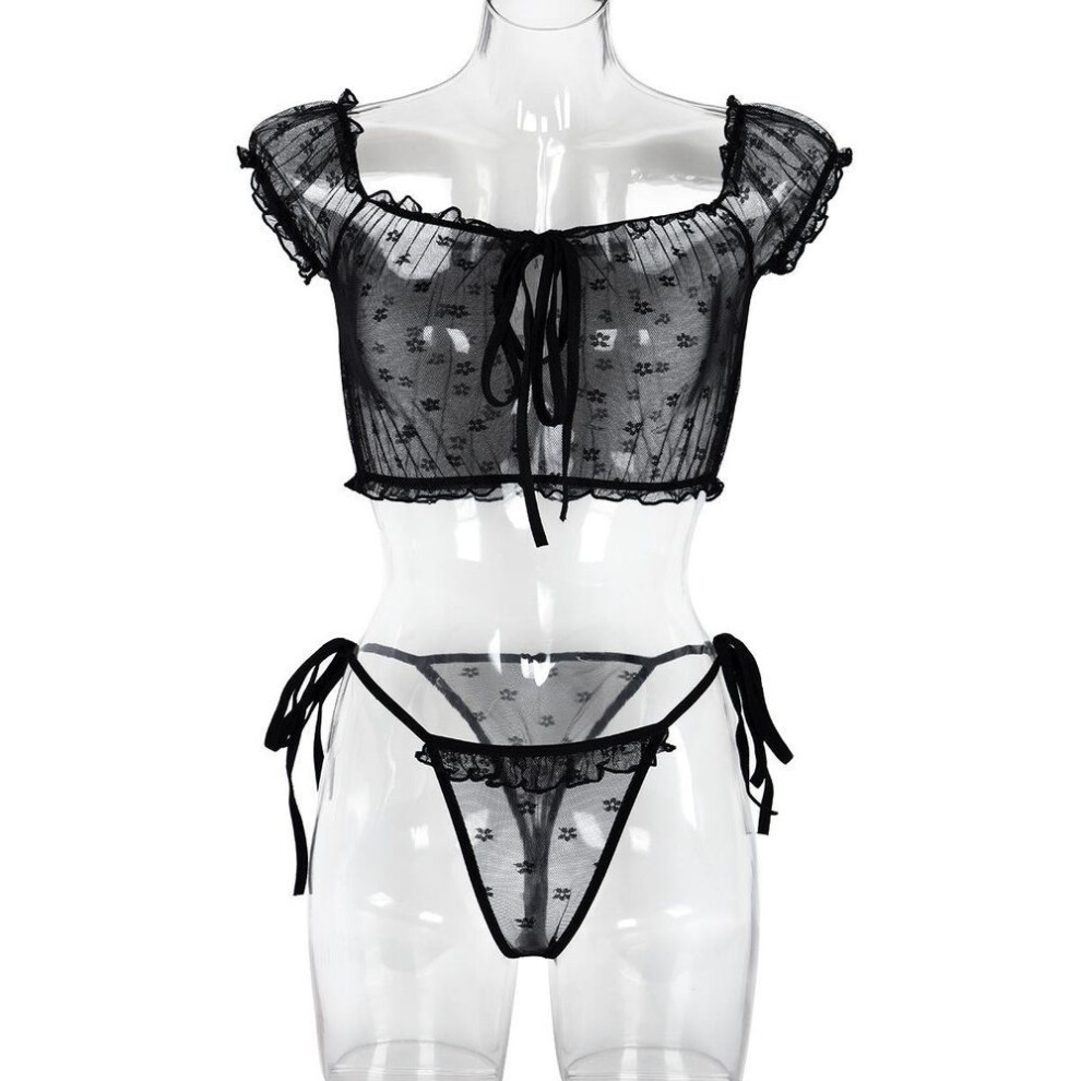 (S, black) Sex underwear two-piece set, fungus edge perspective bow one-word collar, sexy and cute girl set