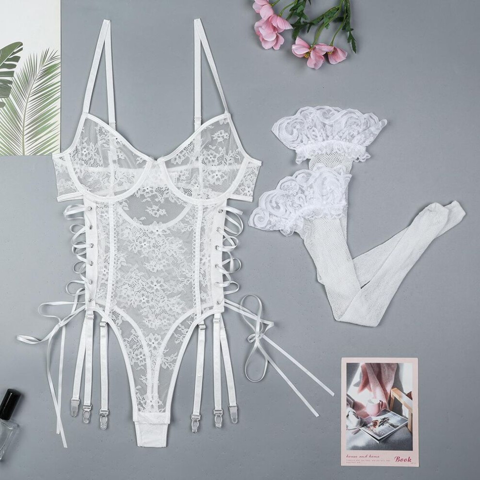 (white, M) White Light Lace Cross Strap Hollow Ribbon Adjustment Sexy Lingerie Onesie 0
