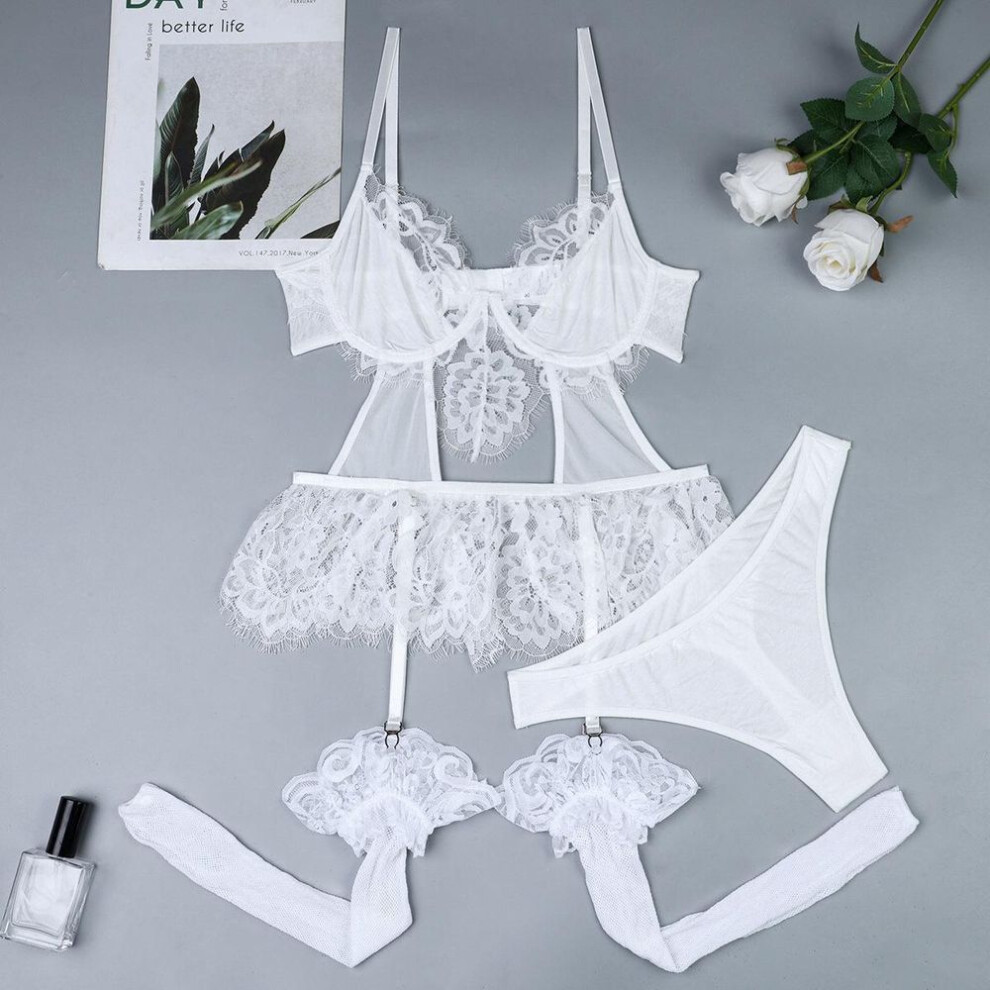 (S, as the picture) Longnet Socks White Lace Lace Hollow Stitching Cute Skirt Suspender Top Three-piece Set 52