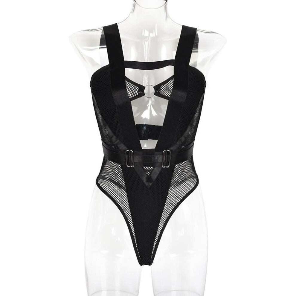 (black, M) Summer new onesie mesh big rubber band round buckle splicing sexy sex clothes