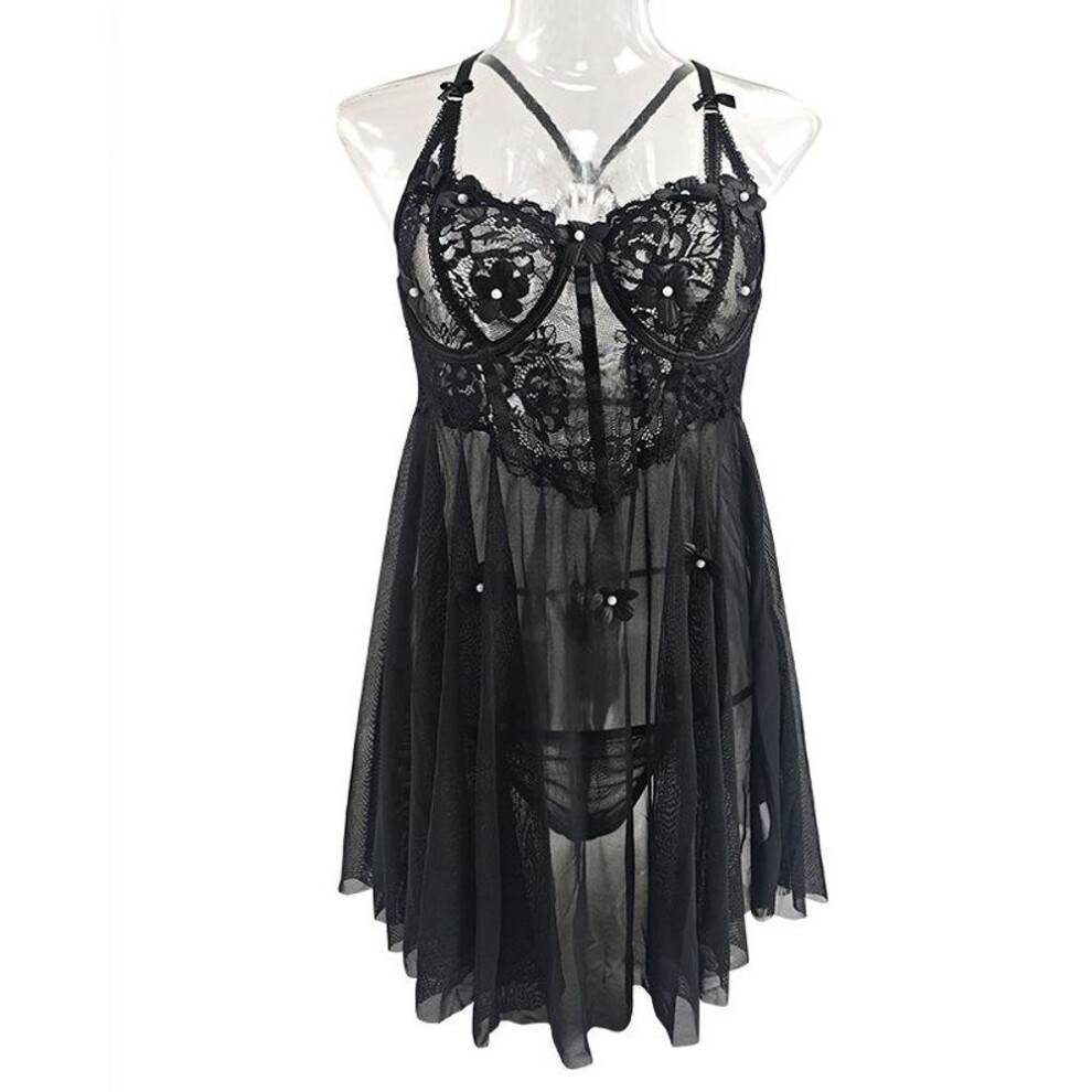 (S [No chest pad with steel ring], black) Sex suspender steel tray gathers lace temptation perspective sexy pajama set
