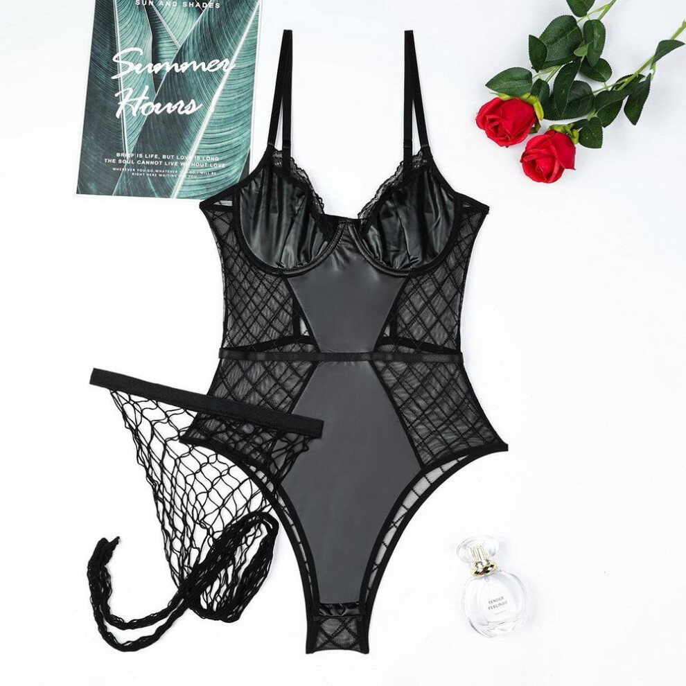 (black, L) Sexy Mesh Socks With Large Mesh Black Pu Leather Lace Skinny Babes Suspender Onesie Set