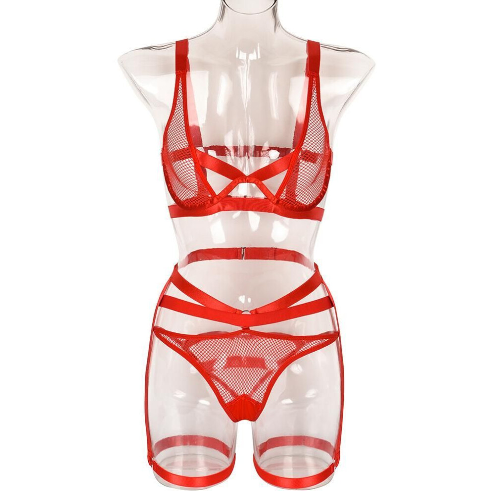 (XL, red) Fun Set  New Year's Day Mesh Splicing Sexy Hollow Women's Underwear Set