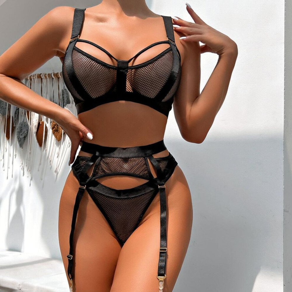 (S, black) Sex underwear three-piece set  lace mesh splicing underwear women's clothing