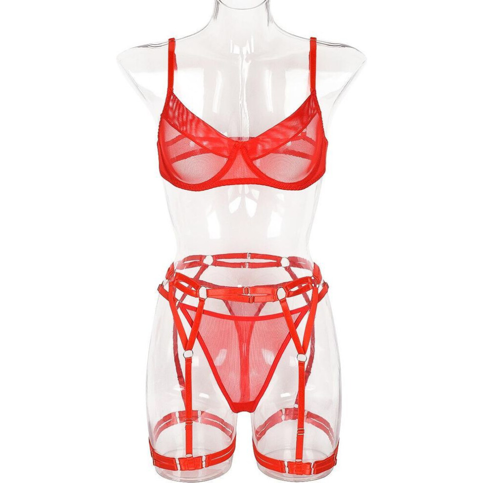 (M, red) New suit sexy mesh see-through underwear complex garter three-piece set women