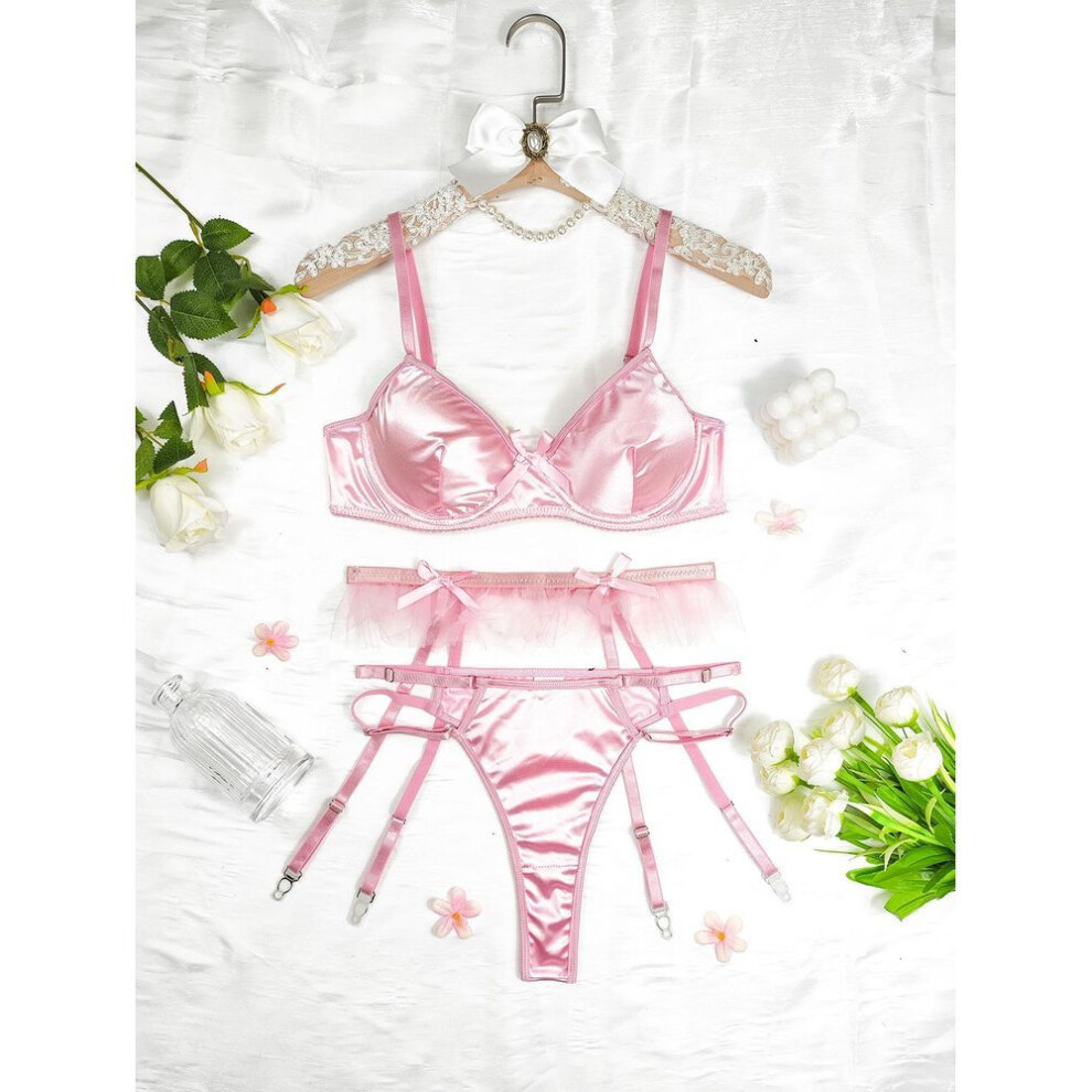 (L [No chest pad with steel ring], pink) Satin mesh steel ring gathers bow sex clothes cute pure desire sexy three-piece set