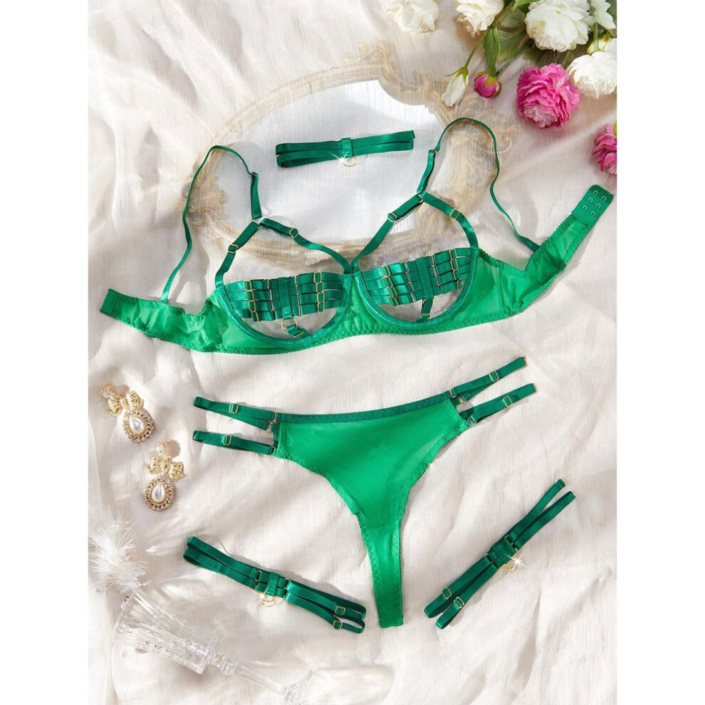 (XL [No chest pad with steel ring], green) The New Sexy Steel Ring Gathers And Leaks Milk. Heavy Industry Interwoven Sex Uniform Four-piece Set