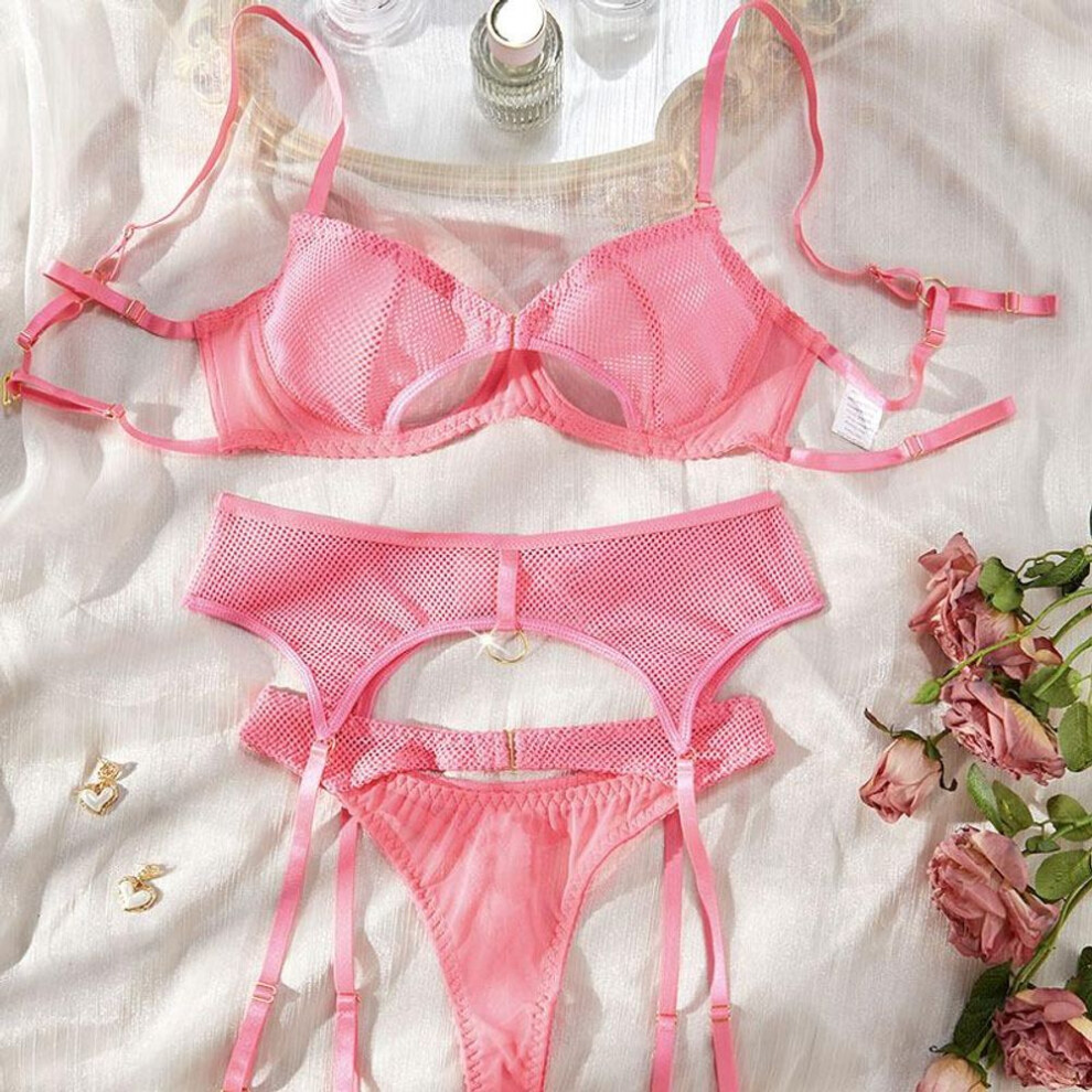 (M [No chest pad with steel ring], pink) New Spice Girl Fishing Net Sexy Lace Hollow Perspective Splicing Three-piece Suit Women
