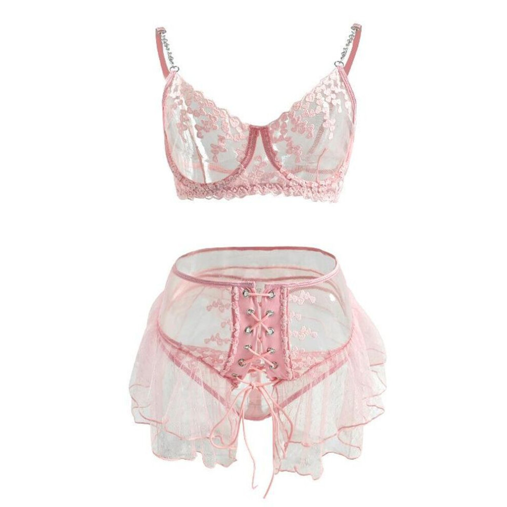 (XL [No chest pad with steel ring], pink) Mesh love embroidery perspective bra women's rhinestone suspenders seduction sexy sex suit