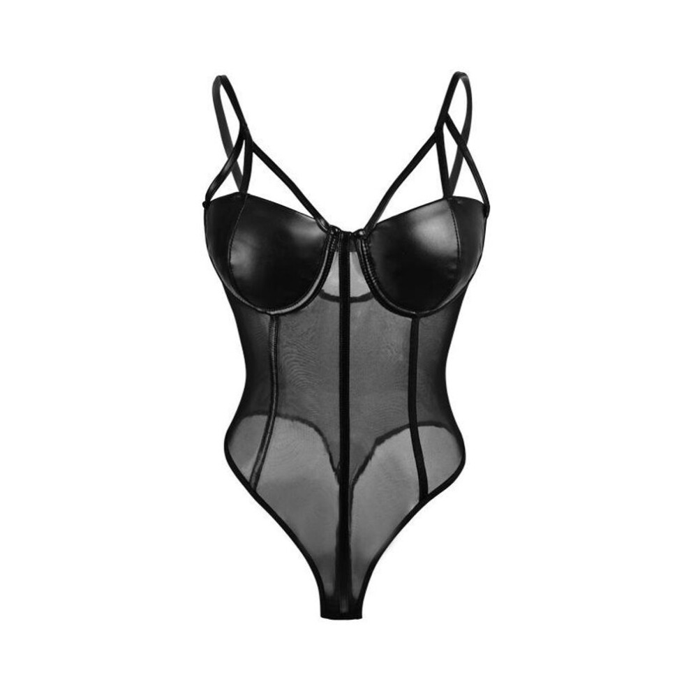 (black, L [No chest pad with steel ring]) Sex uniform perspective tight sexy temptation wild suspender leather fun onesie