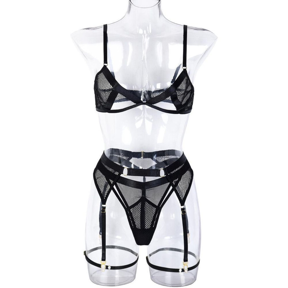 (L, black) Fun three-piece mesh splicing sexy hollow with waist seal leg ring 3308