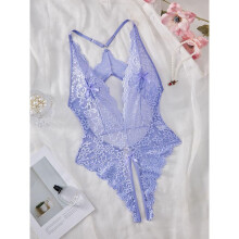 (light purple, XL) Sexy female sexy hollow lace transparent one-piece open file