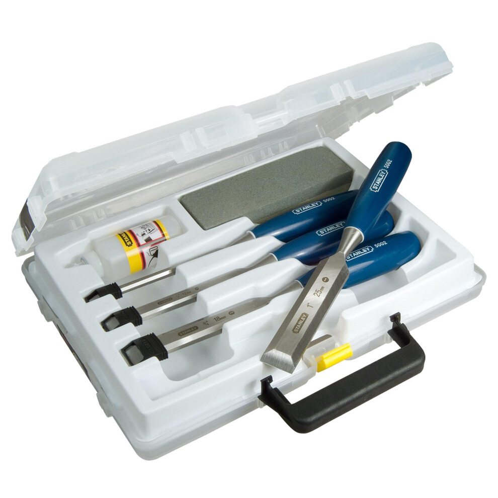 4 Piece Chisel Set Includes 6 12 18 25 mm High Carbon Steel Blade Chisels with Sharpening Stone and Oil 0-16-130 Multicolor