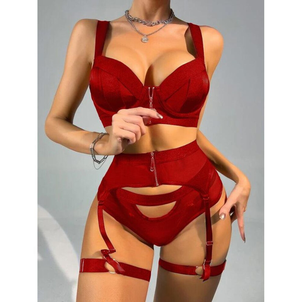 (L, as the picture) 2025 New Lace Hardware Zipper Accessories Elastic Belt Splicing Sex Set with Waist Seal Panties