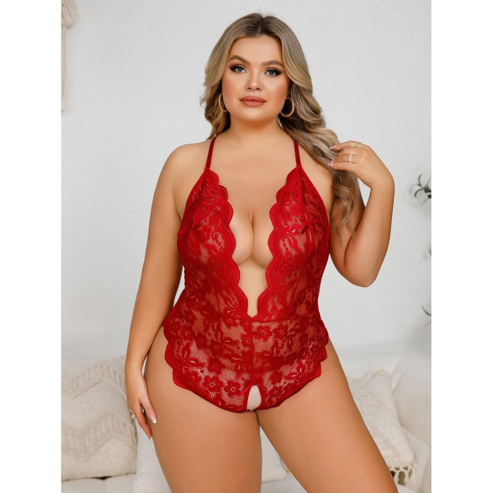 (burgundy, 3XL) Sexy female sexy hollow lace neck open one-piece