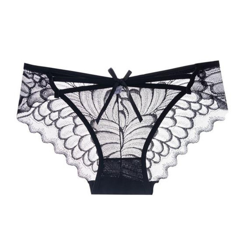 (black) Women's Lace Thongs Low Waist See Through Panties With Bow Sexy