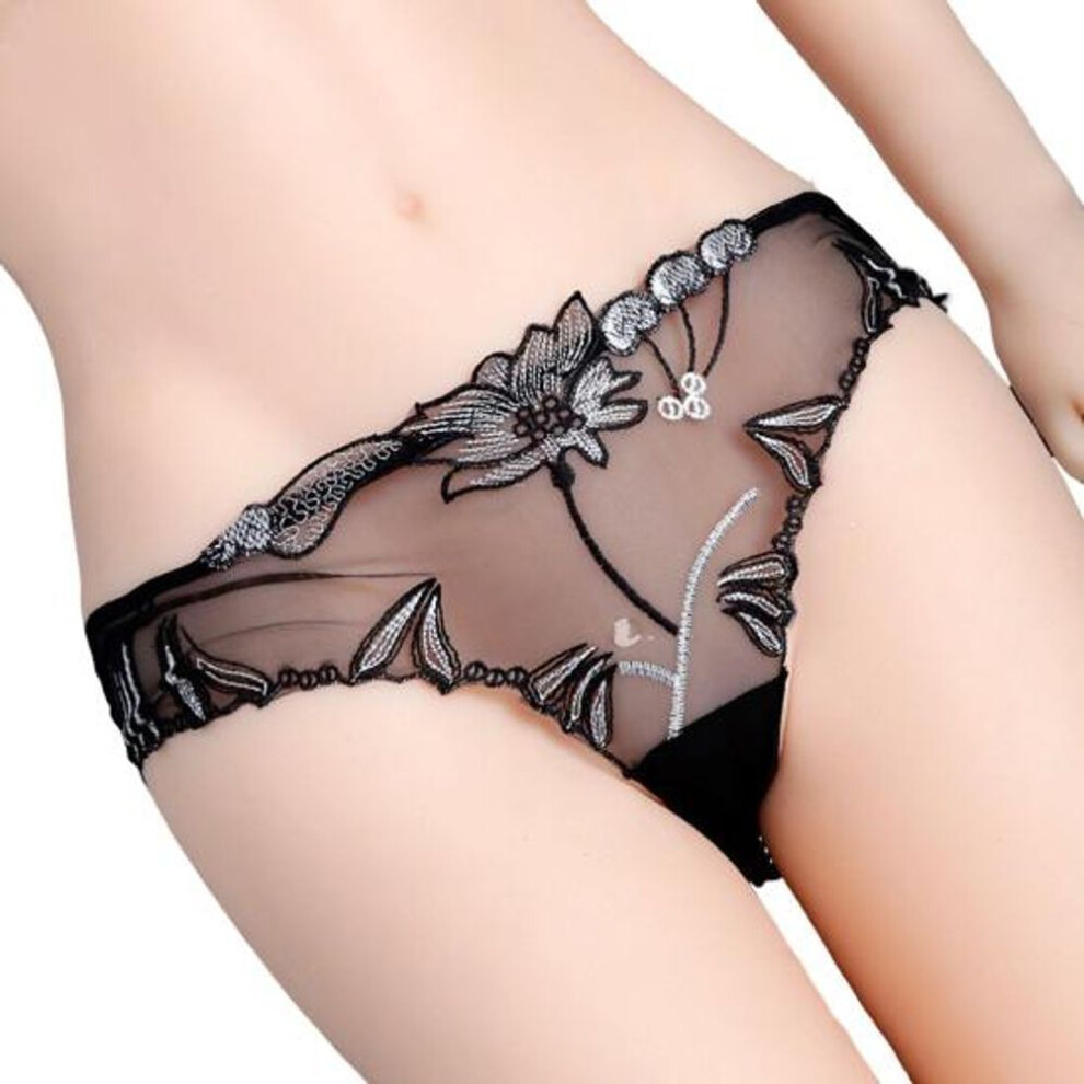 (black, L) Women's Sexy Lace Thongs See Through Mesh Sheer Panties Floral Embroidered