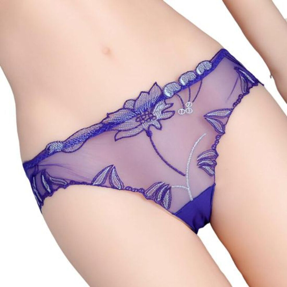 (blue, XL) Women's Sexy Lace Thongs See Through Mesh Sheer Panties Floral Embroidered