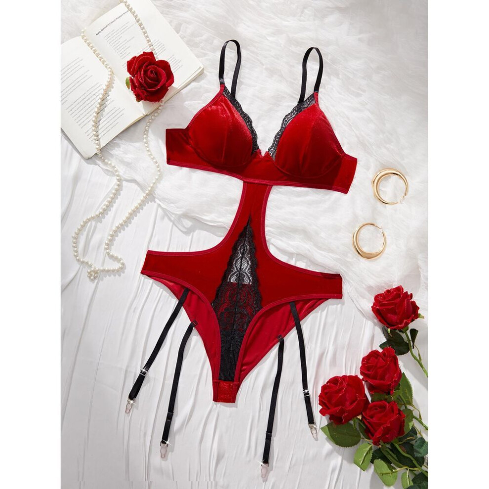 (burgundy, XL) Sexy flannel splicing lace hollowed out sexy suspender onesie women