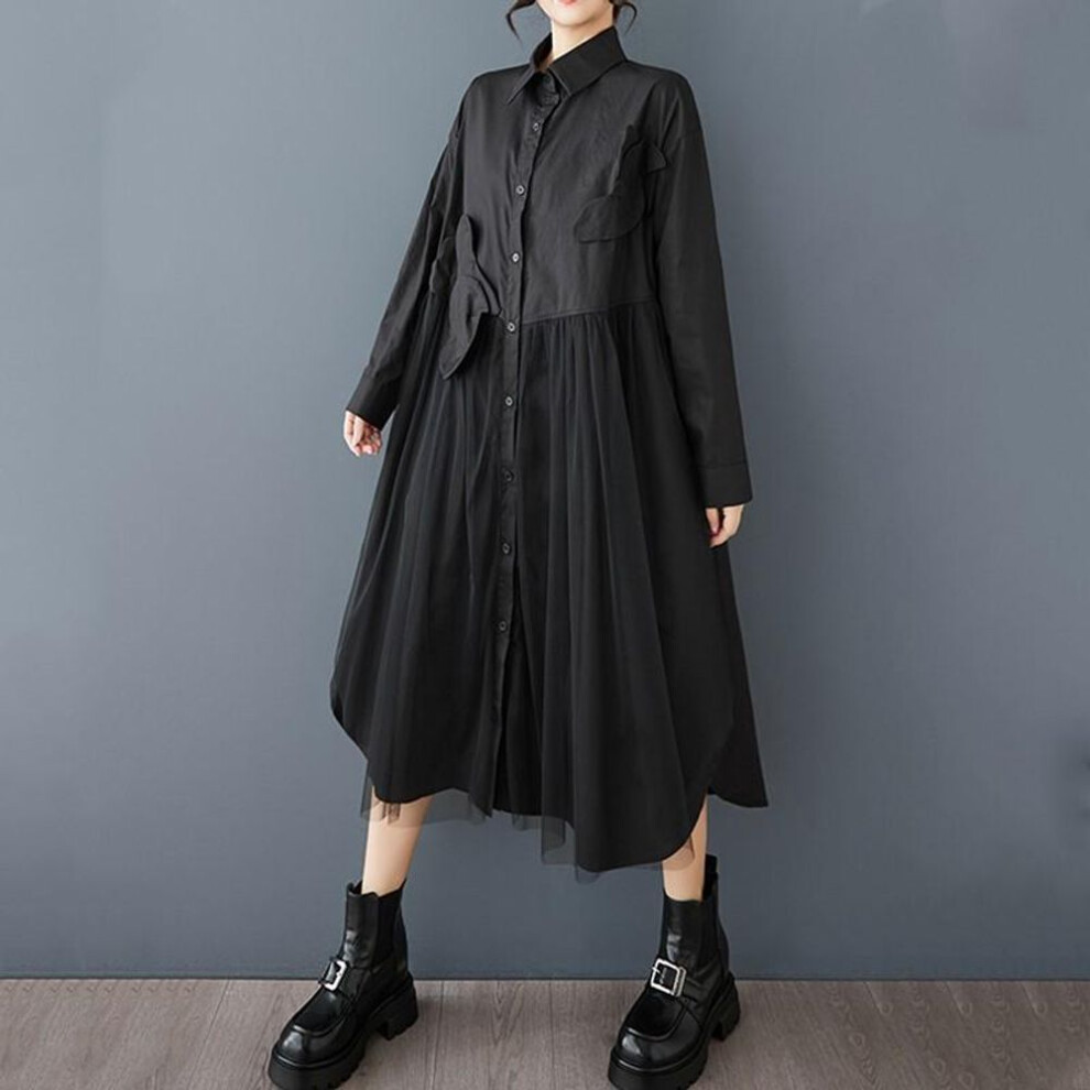 (black) Long Sleeve Plus Size Cotton Mesh Vintage New In Dresses For Women Casual Loose Spring Autumn Shirt Dress