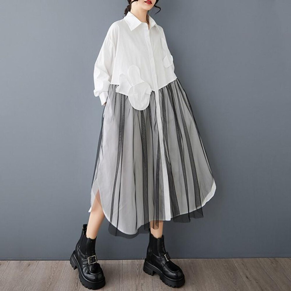 (white) Long sleeve Plus size cotton mesh vintage new in dresses for women casual loose spring autumn Shirt dress