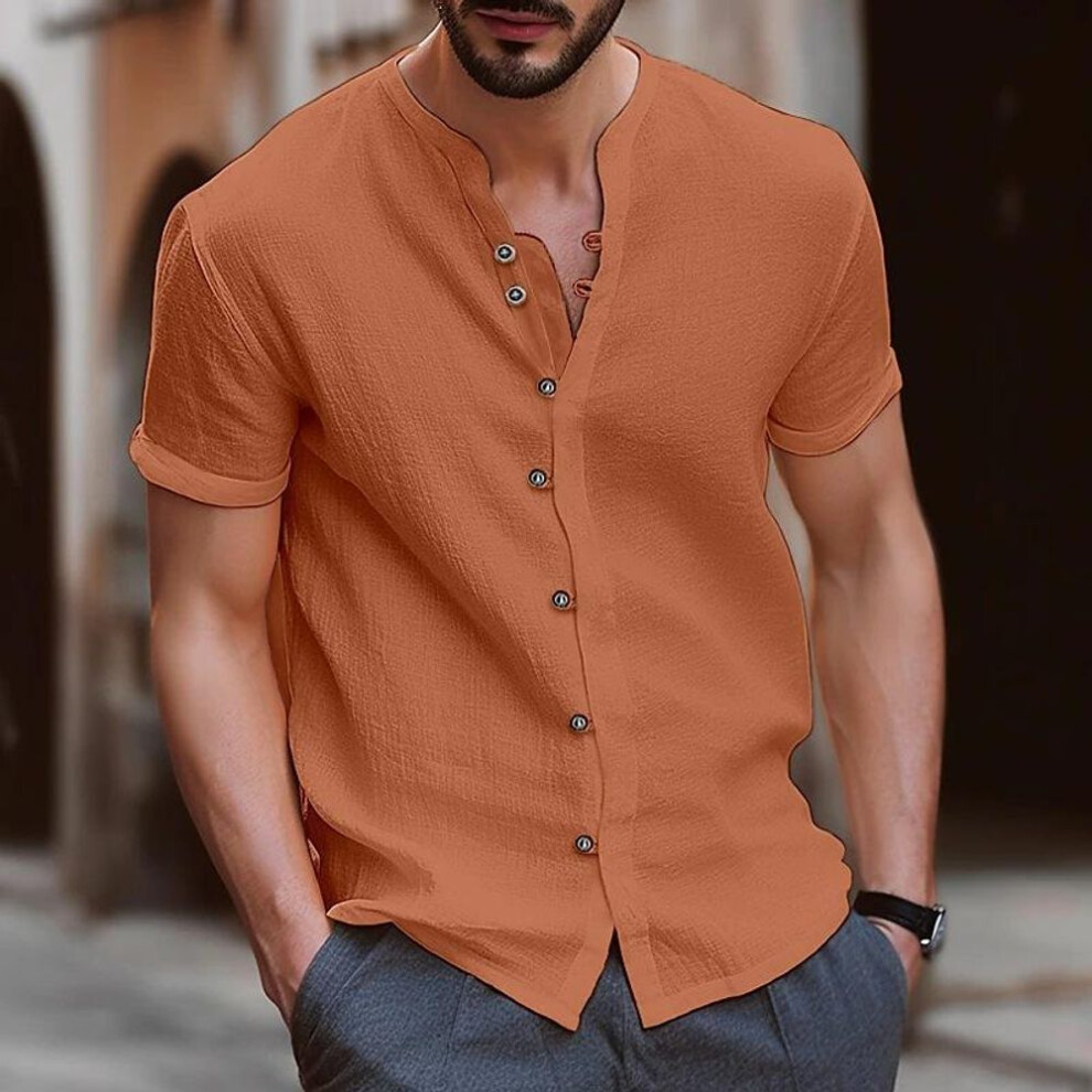 (L, orange) Hawaii New Fashion Men's Retro Button Cotton Hemp Casual Short-sleeved Shirt