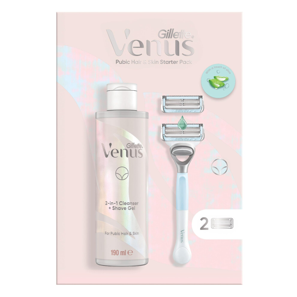 Gillette Venus For Pubic Hair & Skin Women's Razor, 2 Blade Refills and 2in1 Shave Gel and Cleanser 190ml