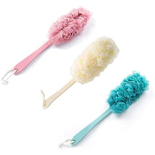 3PiecesBathBrushwithSpongeandLongHandlePlasticScrubberBackMeshBathSpongeBrushforBathroomAccessoriesforMenandWomen(Pink,White,