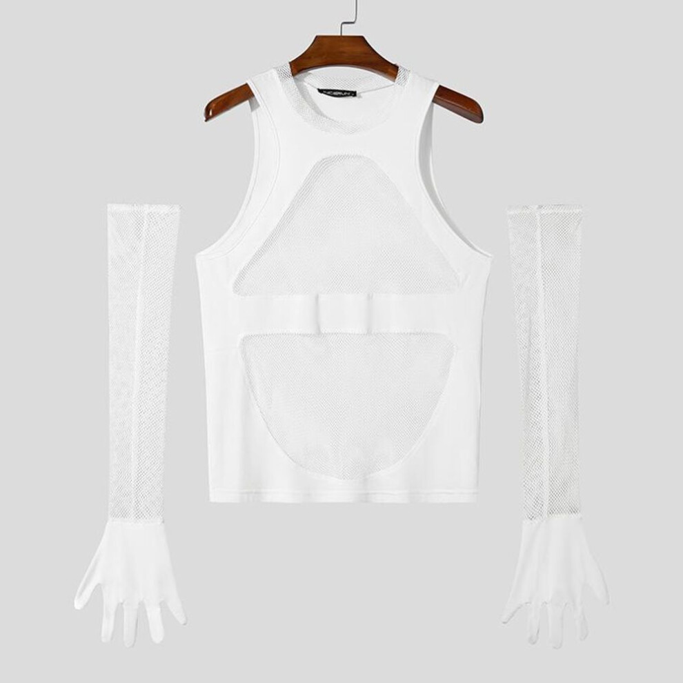 (M, white) Incerun Summer Men Oversleeve Mesh Sheer Tanks Sleeveless Party Skinny Tops
