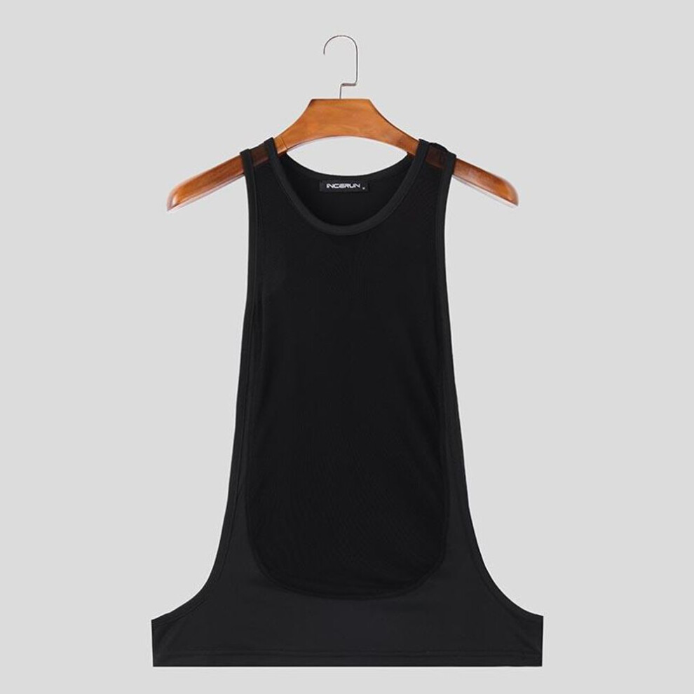 (L, black) INCERUN Men Summer Mesh Low Cut Sleeveless Tank Tops Party Patchwork See Through Tanks