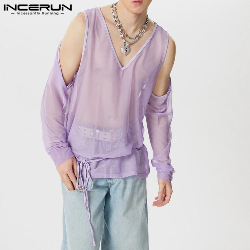 (XL, purple) Incerun Men Cut Out Sleeve See Through Mesh Sheer Tops Summer T-shirts
