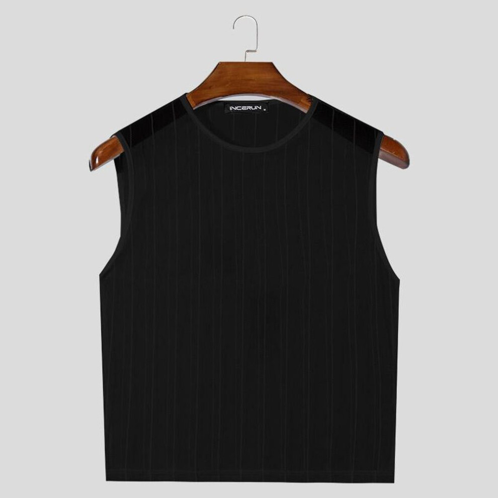 (2XL, black) INCERUN Men Sleeveless Fishnet See Through Short Tank Tops Mesh Crop T-shirts