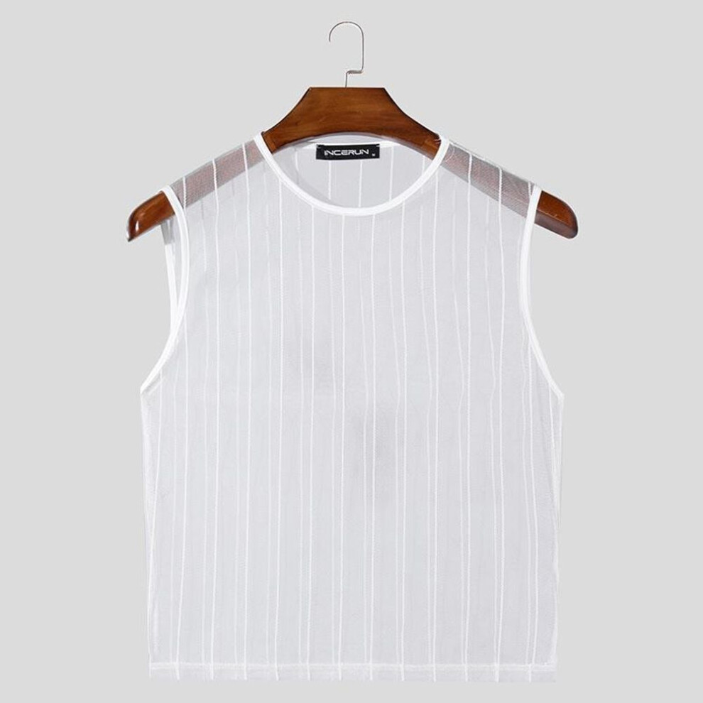 (3XL, white) INCERUN Men Sleeveless Fishnet See Through Short Tank Tops Mesh Crop T-shirts
