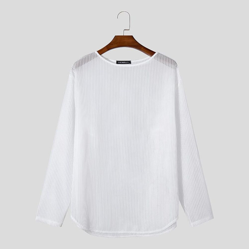 (S, white) Incerun Men Long Sleeve Mesh Sheer Lace T-shirts See Through Party Tops