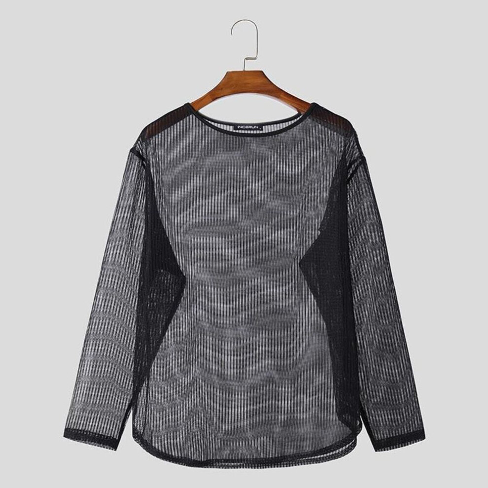 (S, black) INCERUN Men Long Sleeve Mesh Sheer Lace T-shirts See Through Party Tops
