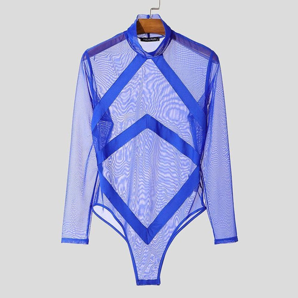 (2XL, blue) INCERUN Men Mockneck Long Sleeve Striped Mesh Bodysuits See Through Fitted Briefs Jumpsuits