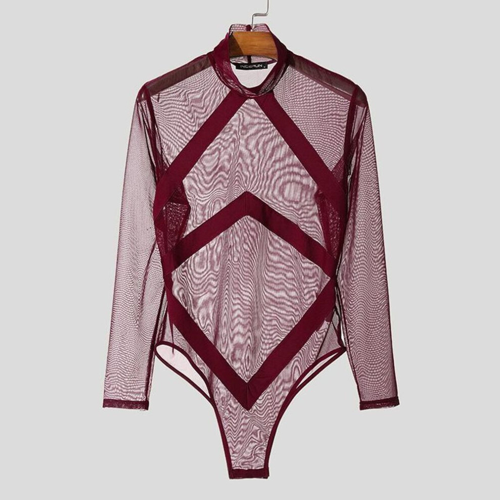 (L, red) Incerun Men Mockneck Long Sleeve Striped Mesh Bodysuits See Through Fitted Briefs Jumpsuits